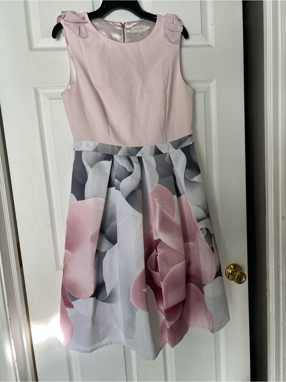 Ted Baker London Blush Pink and Gray Floral Midi Fit-and-Flare Dress 4 - Picture 2 of 6